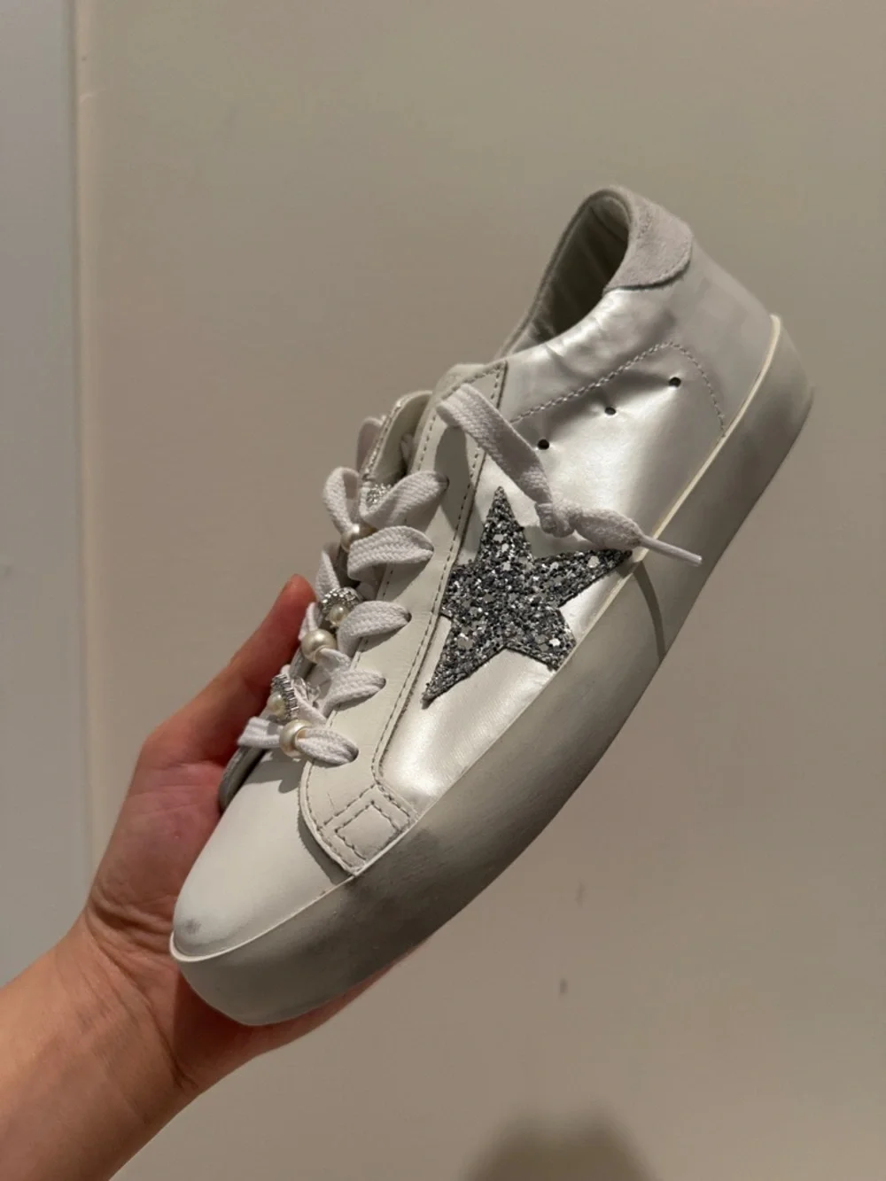 Golden Goose White Sneakers with Silver Glitter Star and Pink Sole - Picture 2 of 6